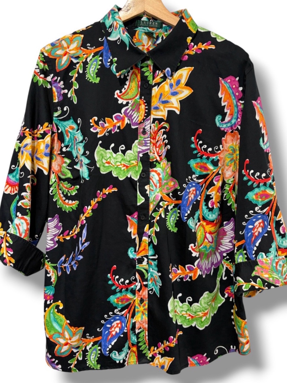 LRL Black Multicolor Floral Paisley Button Down Blouse 3/4 Sleeve Cotton Size 2X